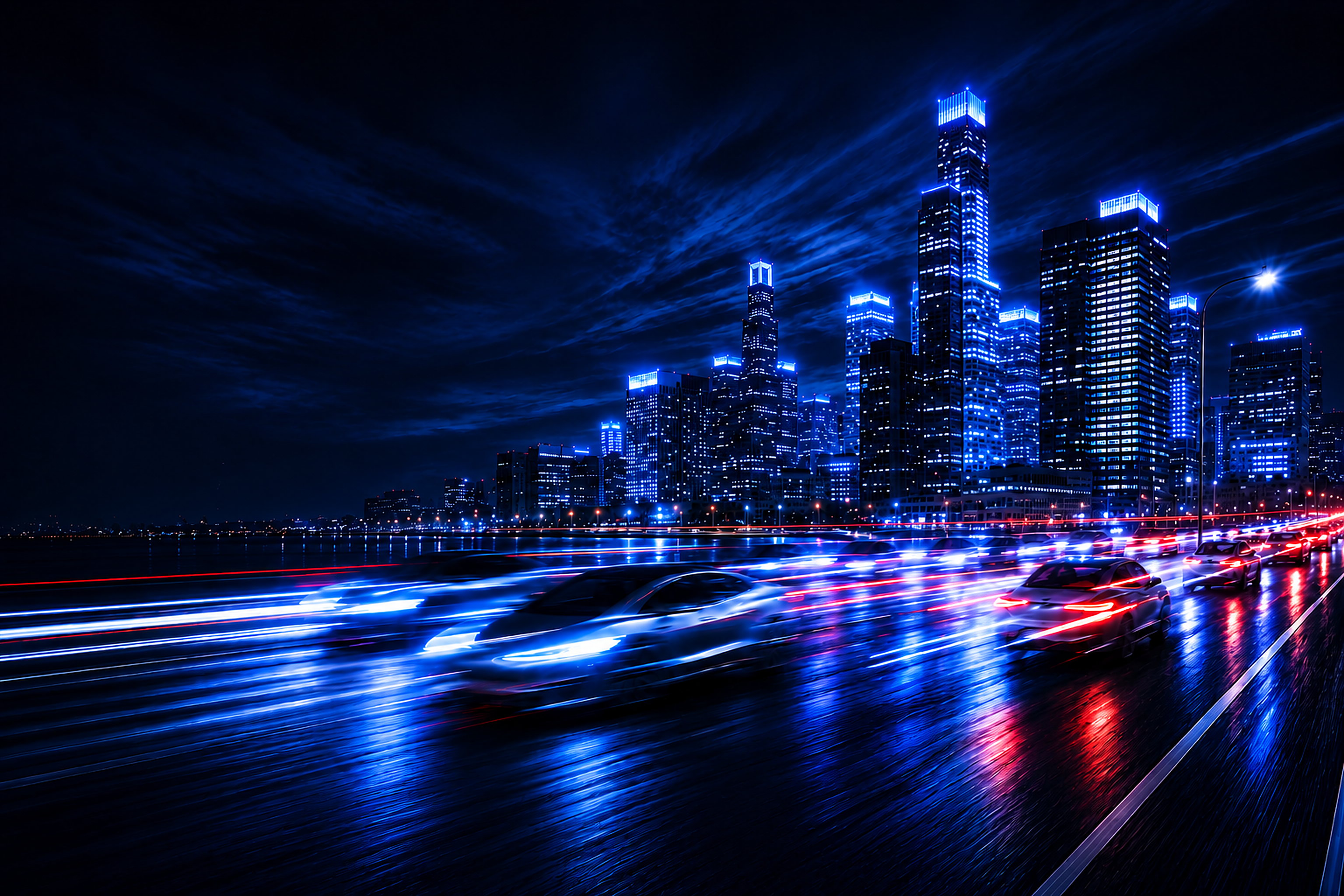 City skyline at night with vehicle light trails