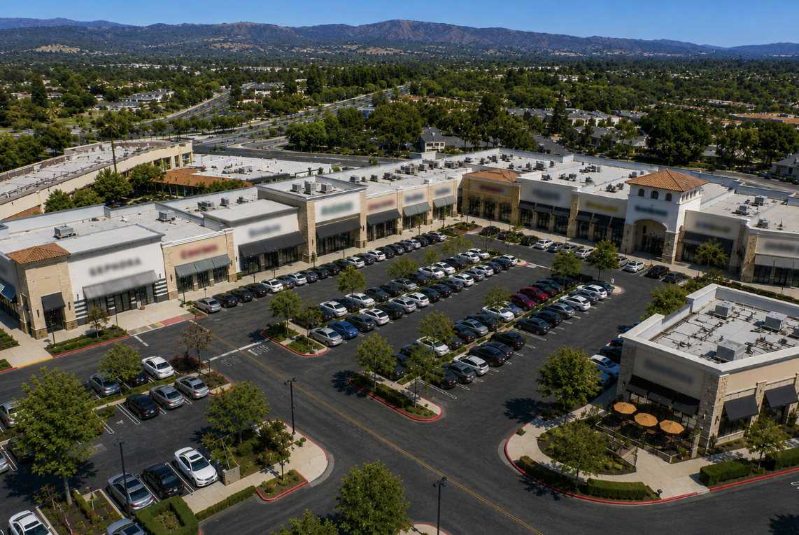 Aerial view of a shopping center parking lot